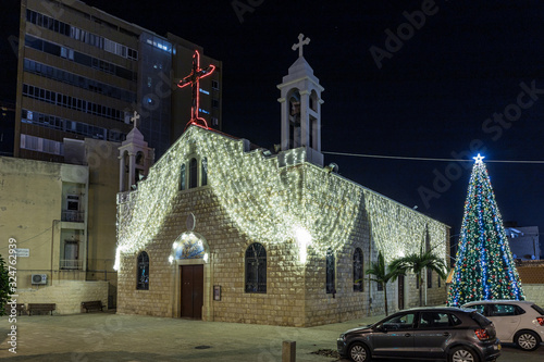 Decorated for Christmas celebration St. Elias Cathedral of the Melkite Catholic in Haifa, Israel