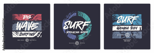 Collection of three vector graphic t-shirt designs, posters, prints on the theme of surfing