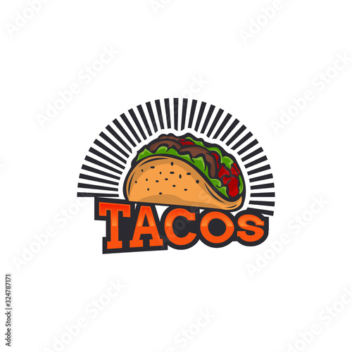 Stylized hot, freshly made Mexican tacos logo template, vector illustration isolated on white background. Creative two-colored hot and spicy, Mexican taco logotype template, street food icon
