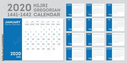 1441-1442 Hijri Calendar and Gregorian calendar year 2020. Week starts from Sunday