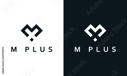 Minimalist abstract line art letter M plus logo. This logo icon incorporate with letter M and plus sign in the creative way. You can find Plus sign in the negative space.