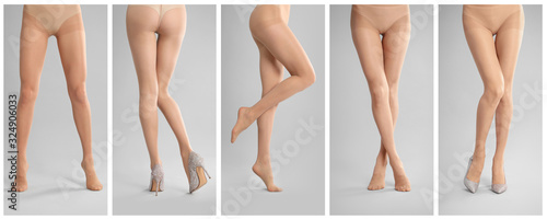 Collage of women wearing tights on grey background, closeup of legs. Banner design