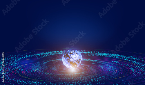 3D earth, lines, particle universe vortex, network big data background.