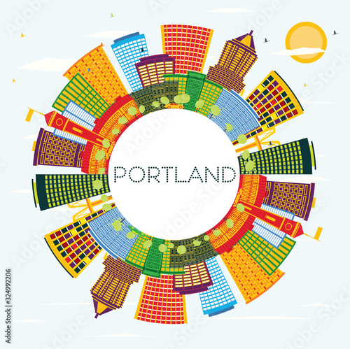 Portland Oregon City Skyline with Color Buildings, Blue Sky and Copy Space.
