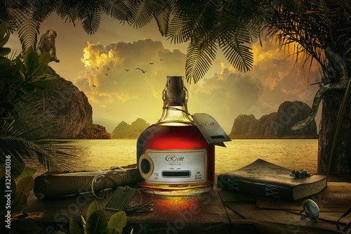 NO LOGO OR TRADEMARK! view of bottle of rum on sunset background. 
