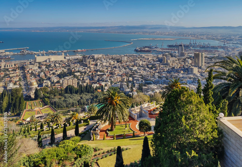 View of Haifa from the hill. Partly visible gardens of the Bahai (Shrine of the Bab), a holy pilgrimage for the Bahai believers built on Mount Carmel in Haifa