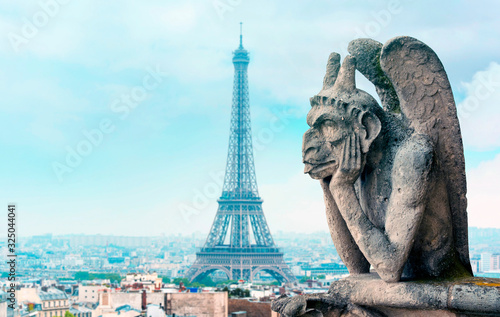 View of Paris with Eiffel Tower and Gargoyle or Chimera of Notre Dame Cathedral, high resolution Picture