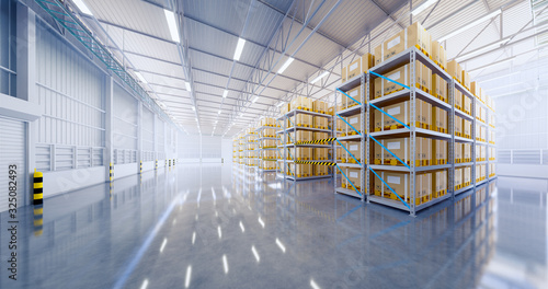 Warehouse or industry building interior. known as distribution center, retail warehouse. Part of storage and shipping system. Included box package on shelf, empty space and concrete floor. 3d render.