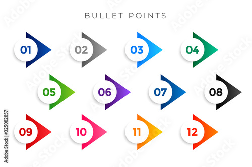 stylish arrow bullet points numbers from one to twelve