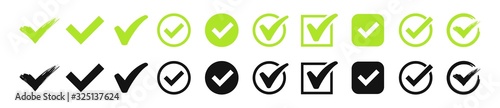 Green check mark and red cross icon set. Circle and square. Tick symbol in green color, vector illustration.