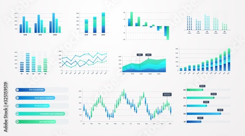 Histogram charts. Business infographic template with stock diagrams and statistic bars, line graphs and charts for presentation and finance report. Vector set charting on dashboard