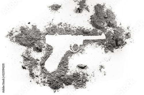 Luger pistol hand gun weapon silhouette drawing in ash, dust, dirt as world war II historic nazi germany military firearm concept