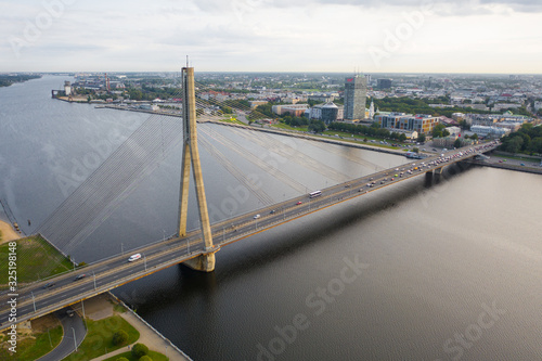 RIGA, LATVIA - August 28, 2017: The Vansu Bridge in Riga is a cable-stayed bridge that crosses the Daugava river in Riga. RIGA, LATVIA