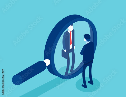 Search for qualified personnel. Selects business candidates for work. Isometric vector cartoon style