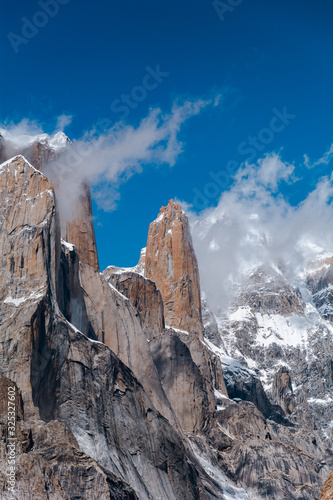 View of Trango Tower with cloud from Urdukas Camp, Pakistan