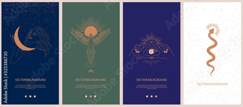 Set of mythology and mystical illustrations for Mobile App, Landing page, Web design in hand drawn style. Mythical creature, esoteric and boho minimalistic objects one line style. Vector illustration