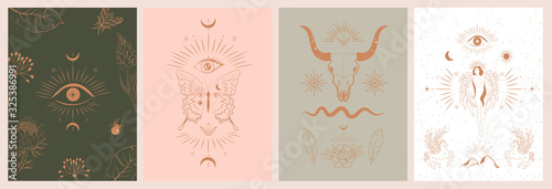 Collection of mythology and mystical illustrations in hand drawn style. fantasy animals, mythical creature, esoteric and boho objects, woman and moon, snake and evil eye. Vector Illustration