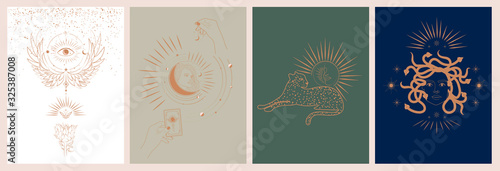 Collection of mythology and mystical illustrations in hand drawn style. fantasy animals, mythical creature, esoteric and boho objects, woman and moon, snake and evil eye. Vector Illustration