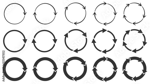 Circle arrows. Round reload or repeat icon, rotate arrow and spinning loading symbol. Circle pointer vector set. Circular rotation loading elements, redo process isolated black pictograms