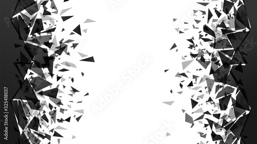 Abstract shatter destruction background. Broken debris pieces, black triangles walls destruction and shattered wall explosion vector background. black particles decoration texture