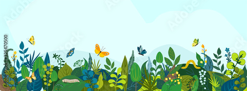 Beautiful floral background, panorama. Leaves, colorful flowers, caterpillars, butterflies. Bright spring and summer banner for cover social network, invitation, wedding, holiday. Vector illustration.