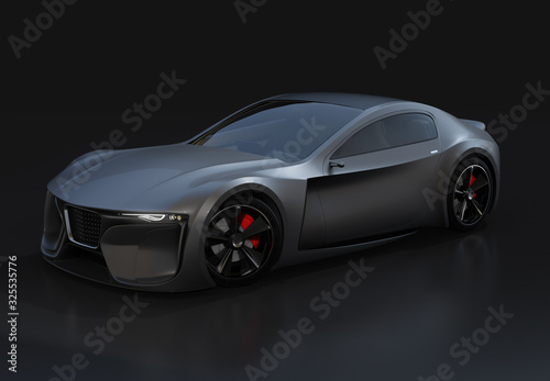Metallic black electric powered sports coupe on black background. 3D rendering image. Original design.
