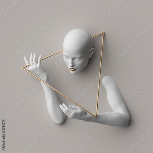 3d render, female mannequin body parts isolated on white background. Bold head, beautiful face, hands, golden triangle. Blank product display for jewelry shop showcase. Modern minimal fashion concept