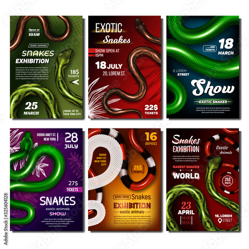 Exotic Snakes Show Advertising Banners Set Vector. Collection Of Creative Posters With Wild Danger Snakes. Bright Multicolored Skin Vipers. Deadly Tropical Serpent Wildlife Realistic 3d Illustrations