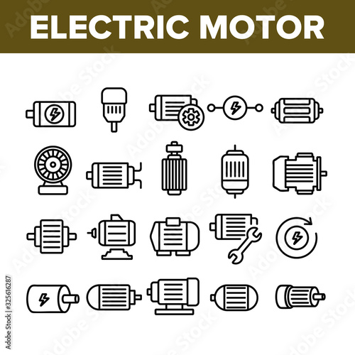 Electronic Motor Tool Collection Icons Set Vector. Electronic Motor Equipment Repair With Wrench, Lightning Mark On Engine Concept Linear Pictograms. Monochrome Contour Illustrations
