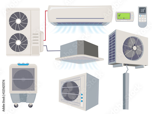 Blow filter. Air conditioner ventilation systems home wind tools vector cartoon illustration. Air system conditioning, airconditioner ventilation