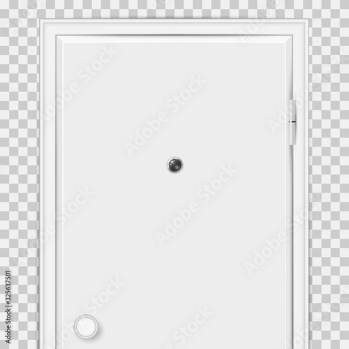 Closed white door with door peephole close-up isolated on transparent background. Vector illustration.