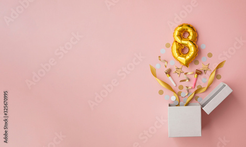 Number 8 birthday balloon celebration gift box lay flat explosion