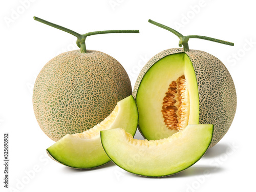 Green net melon fruit isolated on a white color background with a clipping path.