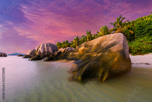 Sunset over famous Seychelles beach