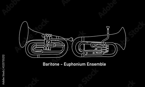 White line, shape or outline forms of musical instruments as baritone and euphonium ensemble in simple white contour illustration on a black background