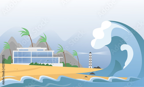 Natural strong disaster with fog and tsunami waves from ocean with house, mountains, palms and lighthouse. Earthquake tsunami wave hits the sand beach vector illustration