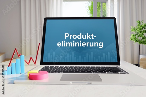 Produkteliminierung – Business/Statistik. Laptop im Büro mit Begriff auf dem Monitor. Finanzen/Wirtschaft.