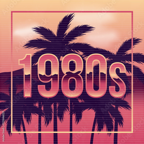 1980's poster design in retro outrun style. Synthwave, Vaporwave, Retrowave background with palm trees. 1980s Retro futuristic background with retro texture. Vector illustration