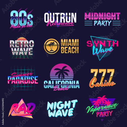 Outrun retro logo designs. Neon retro logos. Vaporwave, Retrowave, Synthwave logo templates. Vector retro 80's logos set. Trendy vintage graphics. Retro prints for T-shirt, typography.