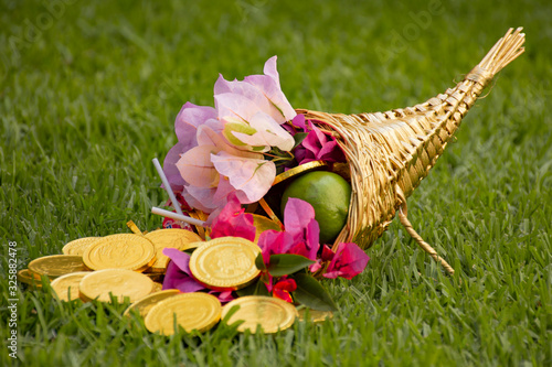 Cuerno de la abundancia con flores, monedas de oro, dulces y fruta sobre un campo verde saturado