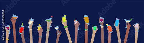Hands with drinks banner of alcohol in glasses celebrate at Party