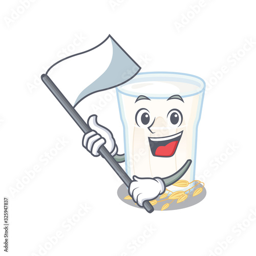 Funny oats milk cartoon character style holding a standing flag