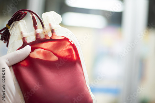 Close up red blood bag in laboratory.