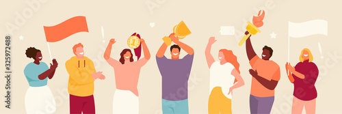 People group with symbols of the Olympics in their hands. Sports fans and winners vector illustration