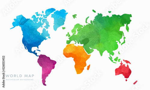 Vector hand drawn watercolor world map isolated on white background