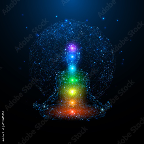 Yoga space concept. Young woman seats in a lotus position. Colorful chakras on body on blue Earth planet background. Low poly wireframe digital vector illustration. Polygons, lines and connected dots.