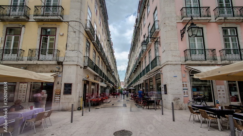 Augusta Street seen at the end of it connecting the most famous Lisbon street. Timelapse.