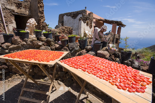 tomatoes left to dry in the sun on the island of Filicudi, Aeolian Islands, Messina, Sicily, Italy