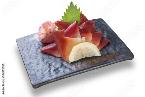 Sliced Japanese food surf clam hokkigai sashimi dinner meal isolated on white background