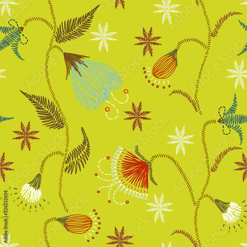 Floral embroidery seamless pattern. Sketch hand drawn botanical motifs. Doodle line, dash garden flowers, leaves, branches. Color vector texture for fashion, fabric, print in retro, ethic modern style
